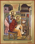 Ο Απόστολος Παύλος υπαγορεύει στον Άγιο Ιωάννη τον Χρυσόστομο την ερμηνεία των επιστολών του. Εικόνα του αγιογραφείου της Ιεράς Μεγίστης Μονής Βατοπαιδίου.