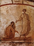 Η Θεραπεία της Αιμορροούσας, τοιχογραφία από την Κατακόμβη των Μαρκελλίνου και Πέτρου, αρχές 4ου αι. μ.Χ.